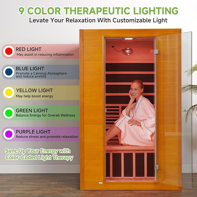 Real Relax Infrared Sauna, 2 Person Low EMF FAR Infrared Saunas for Home, Indoor Personal Canadian Hemlock Wood Sauna with 9 Chromo Therapy Lights, Bluetooth Speakers for Home & Gym Spa RealRelax