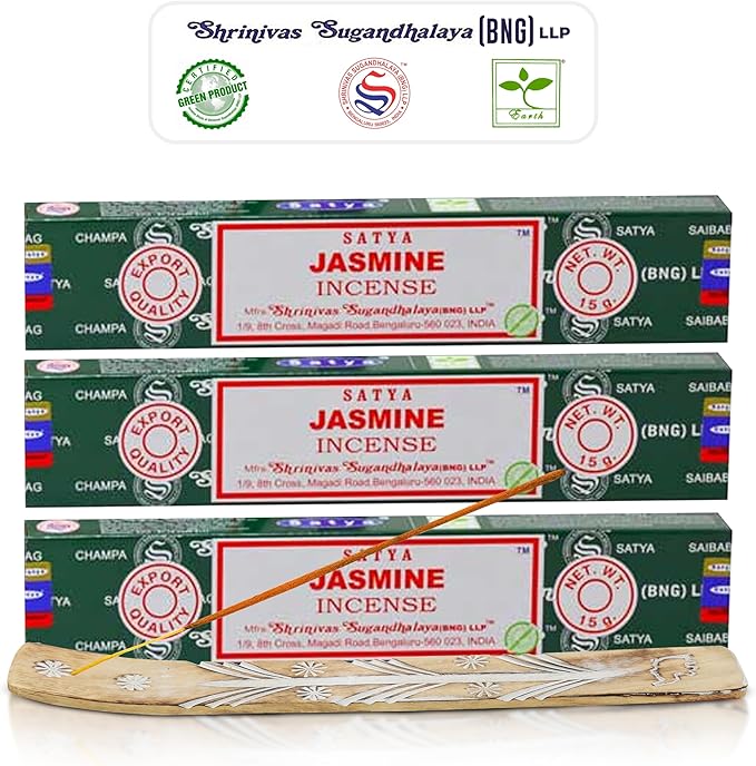 Satya Nagchampa Jasmine Incense Sticks, Satya Bng (Bangalore) Insenses 15gmx3 Pack (45 GMS) with Raajsee Incense Holder Bundle, Satya Nagchampa Natural Incense - Bloomnest