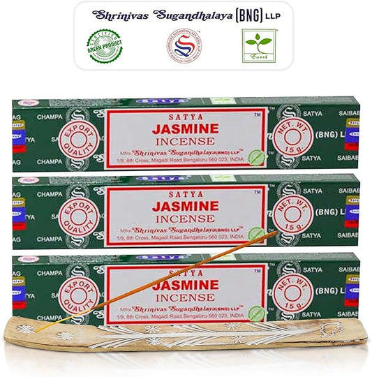 Satya Nagchampa Jasmine Incense Sticks, Satya Bng (Bangalore) Insenses 15gmx3 Pack (45 GMS) with Raajsee Incense Holder Bundle, Satya Nagchampa Natural Incense - Bloomnest