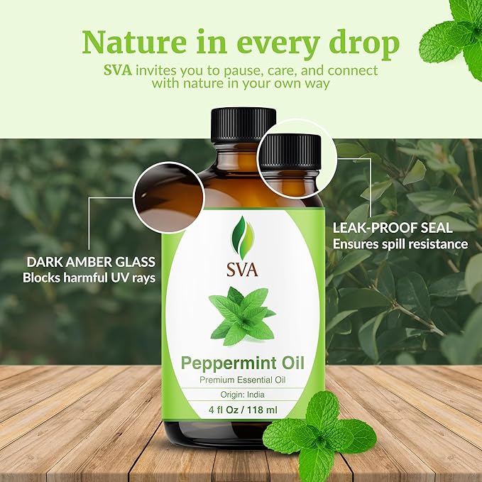 SVA Peppermint Essential Oil – 4 Fl Oz – 100% Natural Peppermint Oil - for Diffuser, Hair Care, Face, Skin Care, Aromatherapy, Scalp and Body Massage, Soap and Candle Making - with Dropper - Bloomnest