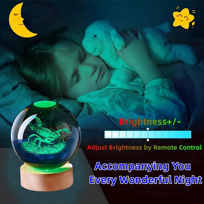 3D Large Scorpion Crystal Ball Night Light with Wooden Base, Crystal Lamp Gift for Kids Friends, 16 Color Change with Remote Control, Laser Engraved Glass Ball Lamp Halloween Decor (Scorpion) - Bloomnest