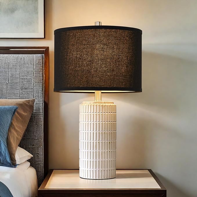 23'' Set of 2 Modern Ceramic Table Lamps, Minimalist Bedside Lamp, Rustic Nightstand End Table Lamp for Bedroom, Living Room, Study Room, Office, 2 LED Bulbs Included (Black) - Bloomnest