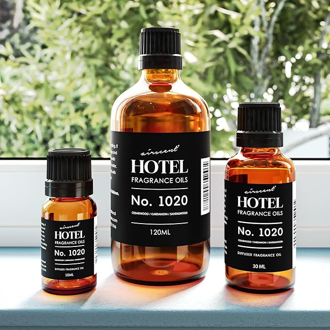 AirScent Hotel Diffuser Oil No. 1020 - Bergamot Cardamom Sandalwood - Hotel Scent Dupe - Premium Fragrance Oil for Ultrasonic and Waterless Diffusers and Crafting - 120 mL, 4 fl oz Glass Bottle Airscent