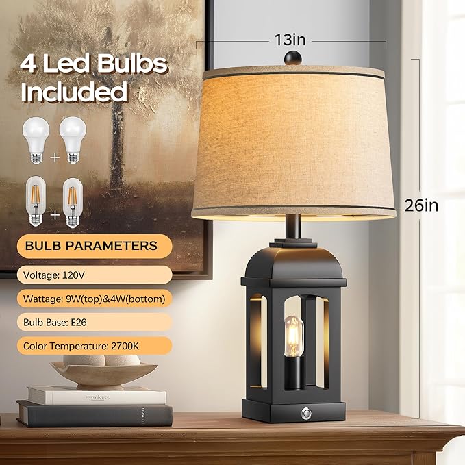 QiMH Table Lamp for Living Room, Farmhouse Lamps Set of 2 with USB A+C and Nightlight, 26" Rustic Bedside Lamps with 3-Way Dimmable Touch Control, Nightstand Lamp for Bedroom Decor, Black - Bloomnest