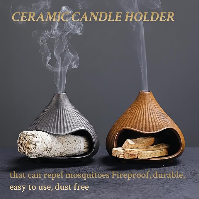 Retro Ceramic Palo Santo Holder, Sage Smudge Burner, Mini Fireplace Mount Fuji Chimney Incense Ash Catcher, Boho Zen Meditation Home Decor Gift (Rustic Brown) Bloomnest