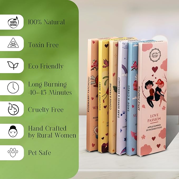 Raajsee Natural Incense Sticks with Insence Holder- Pack of 6 Organic Inscent -120 Insense Sticks, Non Toxic Clean Burning, Boho Gift Set, Sage,Apple Pumpkin,Coconut, Coffee,Rosemary Patchouli RAAJSEE