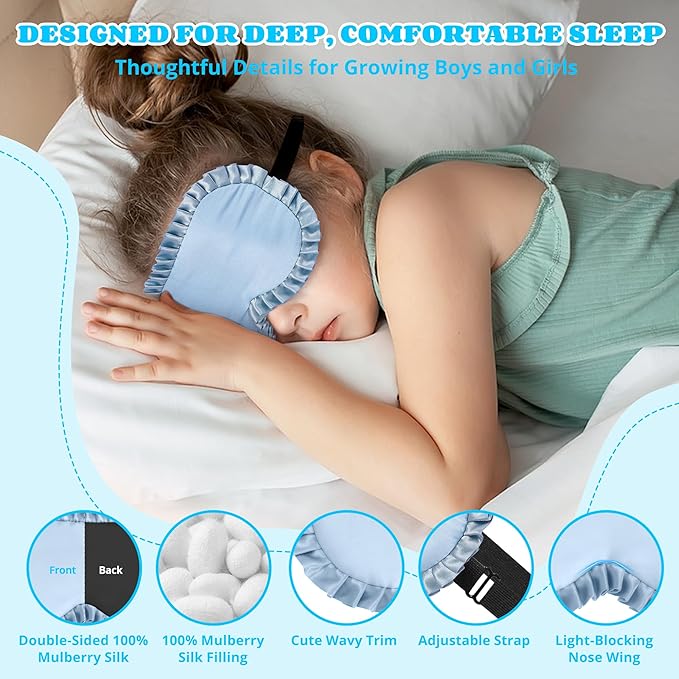 Kids Sleep Mask Eye Cover, 100% Real Mulberry Silk Sleep Mask with Adjustable Strap, Kids Blindfold for Sleeping, Boys Girls Eye Shade for Ages 5+, Soft and No Pressure (Blue) - Bloomnest