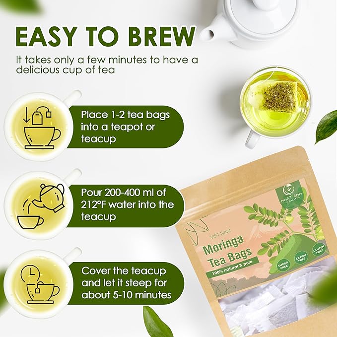 NHAT ANH FARM - Premium Moringa Tea Bags, 40 Tea Bags, 100% Natural Dried Moringa Leaves, Naturally Sweet Herbal Tea, Sugar-Free, Caffeine-Free, No Additives - Bloomnest