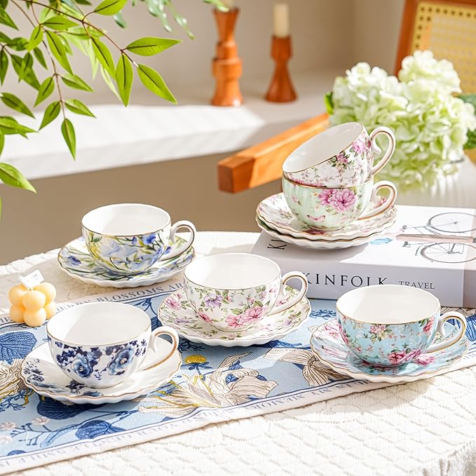 Tea Cup and Saucers, 6.4oz Floral Tea Cups with Gold Trim, Coffee Cappuccino Espresso Latte Mugs for Party Birthday,Christmas Gift (Pink and purple flowers) - Bloomnest