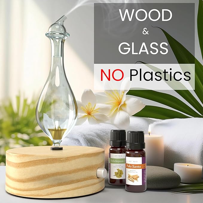 ArOmis Premium Glass Essential Oils Nebulizer - Waterless Diffuser for Aromatherapy - Handmade Oil Diffuser, Wooden Base, No Plastic, No Heat, No Battery, No LEDs - Solum Lux Merus ArOmis