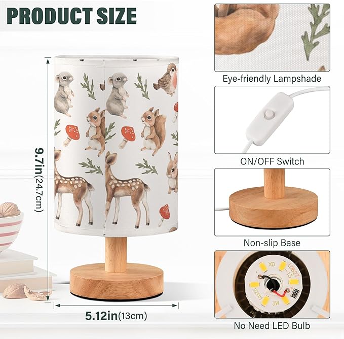 Table Lamp Squirrel Mouse Fawn Fox Hare Hedgehog Bird Mushroom Forest Animal Nightstand Lamp with Wood Base Fabric Lamp Shade Bedside Desk Lamp for Living Room Bedroom Kids Room Office - Bloomnest
