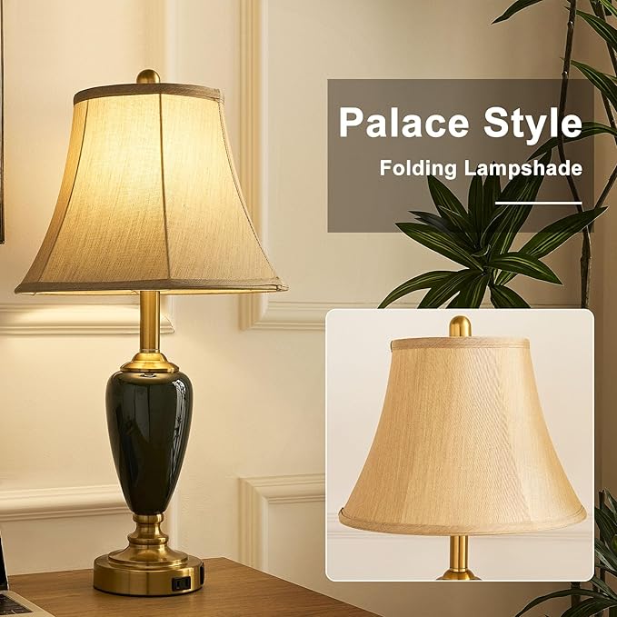 24" Ceramic Table Lamp with 3 Way Dimmable Touch Lamps - 2 USB Ports & AC Outlet Bedside Lamps, Modern Nightstand Lamp for Bedroom Living Room Office (Bulb Included) (Dark Green-2 Pack) - Bloomnest