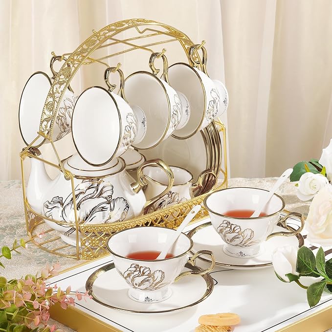 fanquare British Porcelain Tea Coffee Set 22 Piece New Bone China Gold Tulip Tea Service for Afternoon Tea, 6 TeaCup and Saucers with Metal Holder for Home Wedding Birthday - Bloomnest