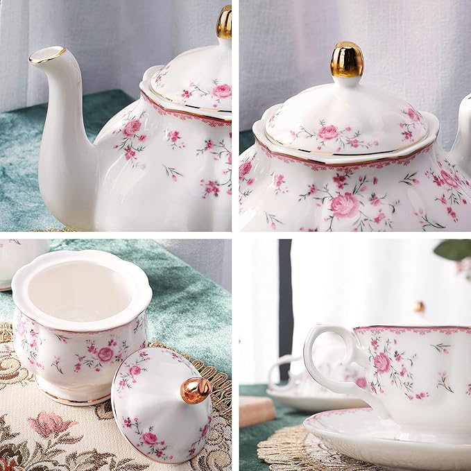 fanquare Vintage Porcelain Tea Set for Women Tea Party, Cup and Saucer Set for 6, Wedding Floral Teapot Set for Adults, Pink Rose - Bloomnest