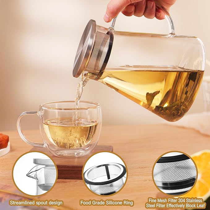 CNGLASS 40oz/1200ml Glass Teapot Stovetop Safe,One-Touch Clear Tea Kettle,Blooming and Loose Leaf Tea Maker