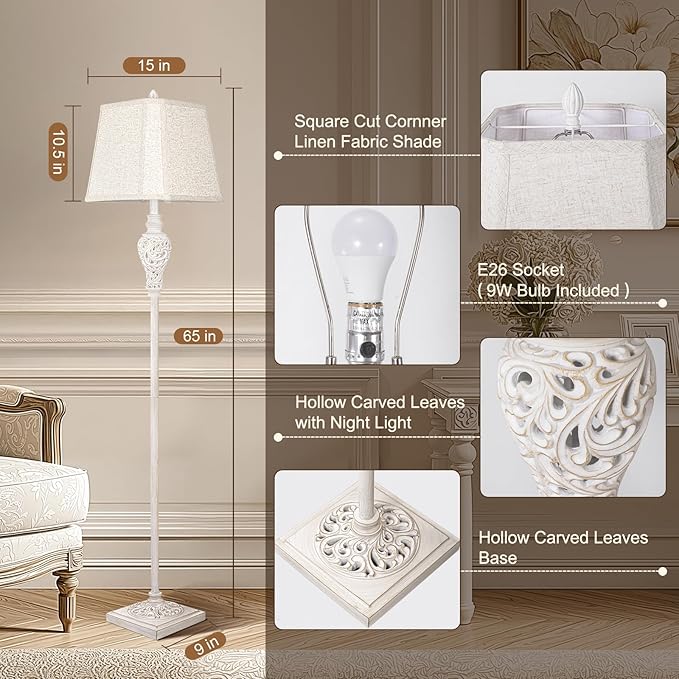 Floor Lamp for Living Room, Vintage Standing Lamp with Nightlight, 65" Tall Lamp with White Linen Shade, Farmhouse Rustic Floor Lamp for Bedroom, Office, Corner (LED Bulb Included) - Bloomnest