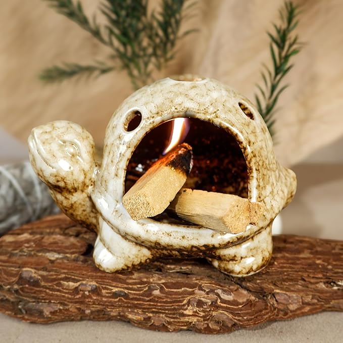 Handcrafted Brown Ceramic Turtle Mini Chiminea Palo Santo Burner Holder ，for Burning Sage、Cone Incense、Copal&Small Candle，Thoughtful Gifts for Meditation, Yoga, Aromatherapy Altar、Zen Spaces MOUGIGI