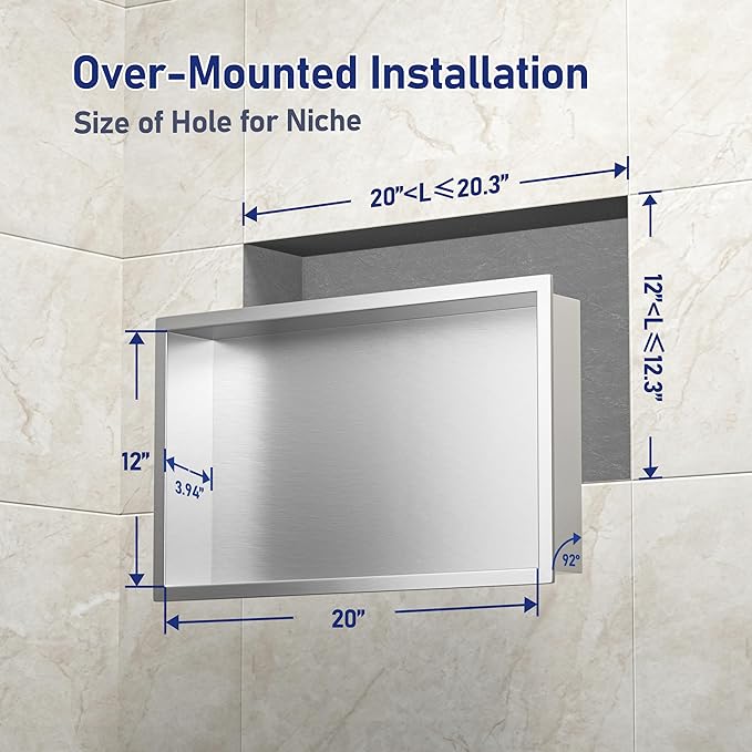 Stainless Steel Shower Niche 24" X 12" Brushed No Tile Needed Niche Shower Recessed Wall Horizontal Niches for Bathroom Storage Over Mount Installation - Bloomnest