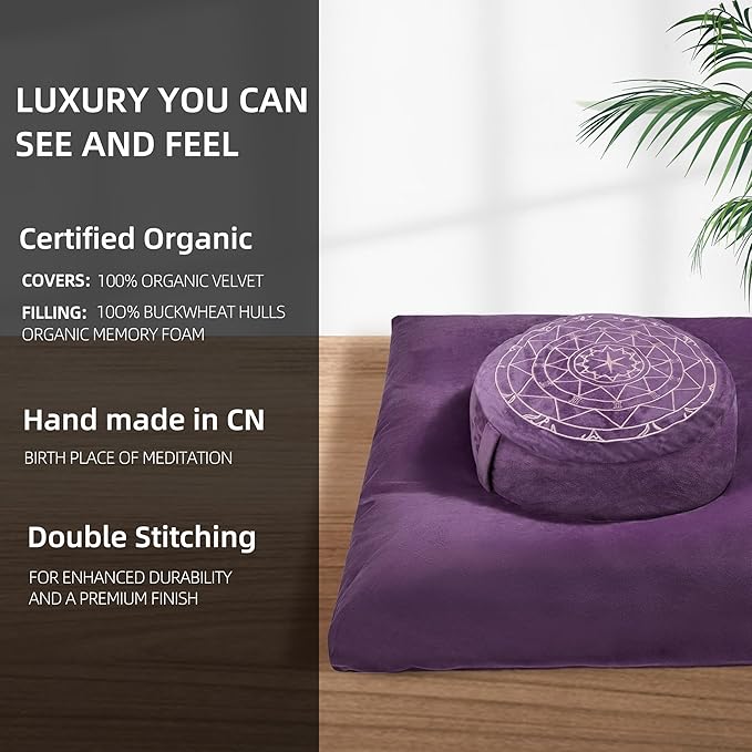 Zafu & Zabuton Meditation Cushion Set - Buckwheat Hull & Memory Foam Pillows, Ergonomic Support for Yoga, Mindfulness - Organic Velvet Cover, Large Size, Durable Comfort (Purple) - Bloomnest