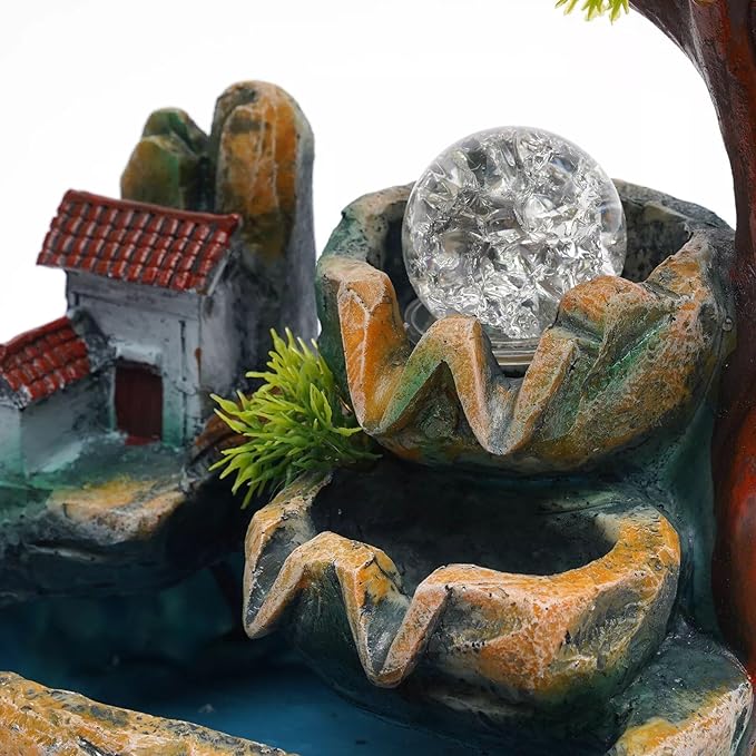 Waterfall Fountain Indoor Mini Waterfall with Led Lights & Atomizer Indoor Fountains and Waterfalls Table Top Water Fountain for Office, Home, Bedroom Desk Decor (Rockery Flowing Water)