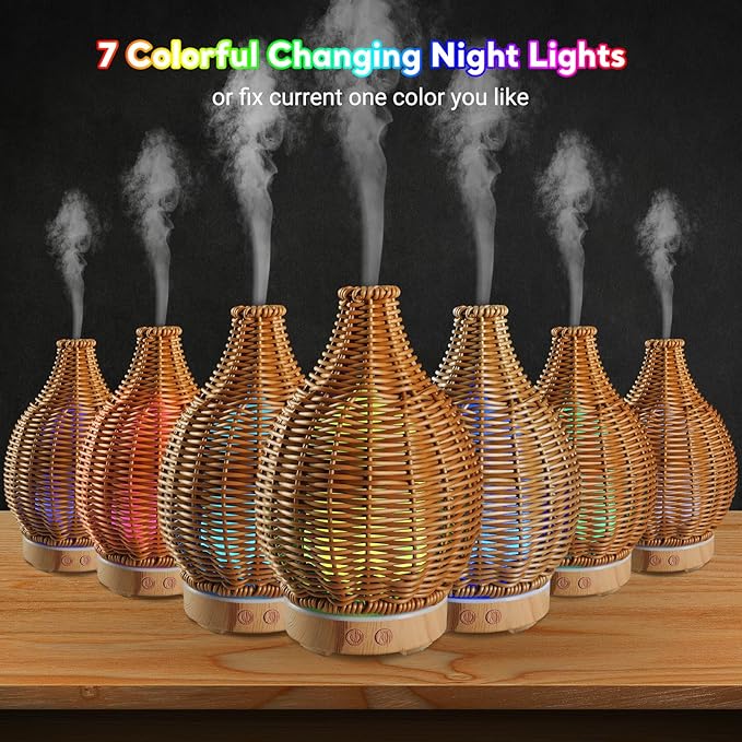 Boho Essential Oil Diffuser for Home Rattan Weaving with Remote Control, 100mL 7 Changing Color Lights Ultrasonic Aroma Humidifier, Noiseless Auto-Off Sleep Mode for Bedroom Office Workout - Bloomnest