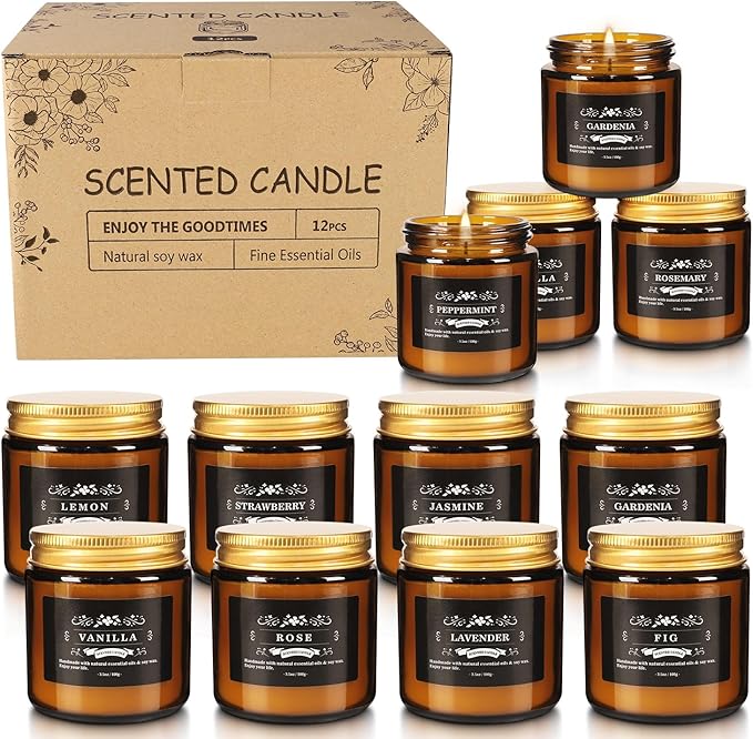 Scented Candle Set 12 Pack, Candle for Home Scented, Odor Eliminating, Stress Relief, Long Lasting Soy Wax Gift Set - Bloomnest