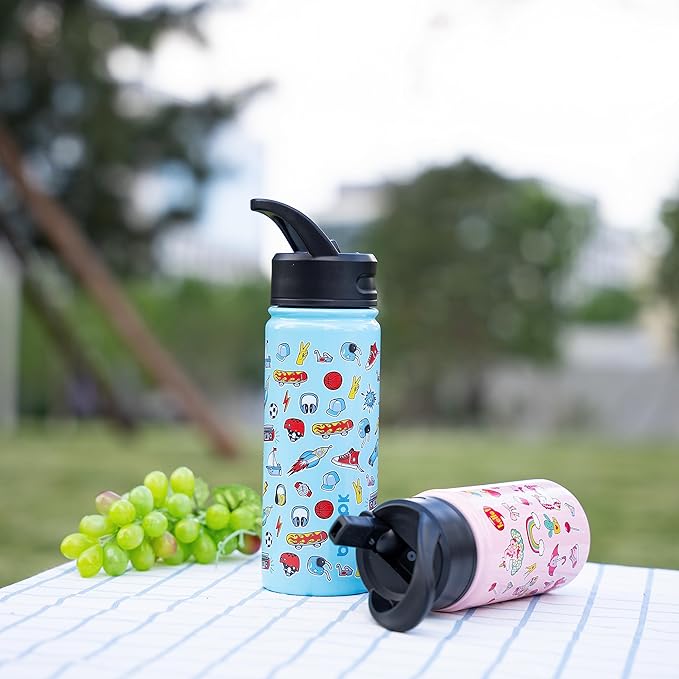 BJPKPK Insulated Water Bottle with Straw Lid, 18 oz Stainless Steel Metal Water Bottles, Reusable Leak Proof BPA Free Water Bottles, Cups, Thermo, Playground - Bloomnest