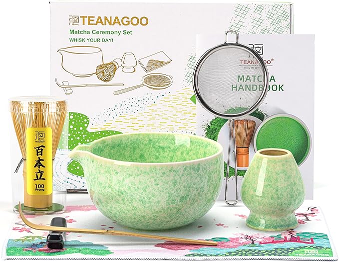 TEANAGOO Matcha Whisk Set,7 Pcs Matcha Set Green,Ceremony Matcha Kit,Matcha Tea Set for Making Latte,Ceramic Bowl(chawan) whith Spout and Whisk,Gift for Matcha Lovers - Bloomnest
