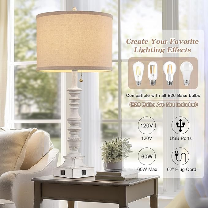 Farmhouse Table Lamps for Bedroom Set of 2, 29.5" Tall Rustic Bedside Lamp with USB Ports and AC Outlet, Vintage Nightstand Table Lamp for Living Room with Linen Drum Shade, White, Pull Chain - Bloomnest
