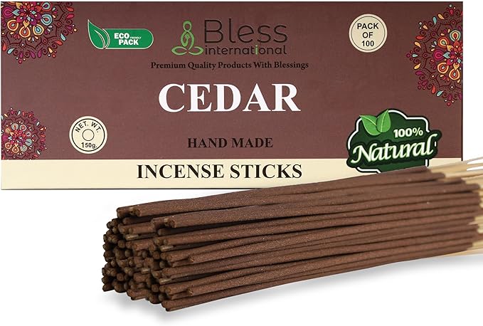 Bless-Cedar 100%-Natural-Handmade-Hand-Dipped-Incense-Sticks Organic-Chemicals-Charcoal-Free Purification-Relaxation-Positivity-Yoga-Meditation Best-Woods-Scent (100 Sticks(5.25 OZ)) BlessInternational