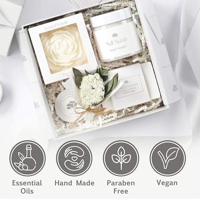 Spa Gift Box for Women – Sweet Coconut Candle Set, Ready to Gift Bath & Body Birthday Basket for Women, Small Handmade Vegan Luxury Self Care Box - Bloomnest