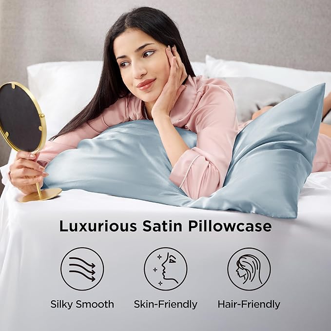 Bedsure Satin Pillowcase 2 Pack Similar to Silk Pillow Cases Standard Size, Pillow Case for Sleeping Women with Envelope Closure, Gifts for Women Men, Stone Blue, 20x26 Inches, 2pcs - Bloomnest