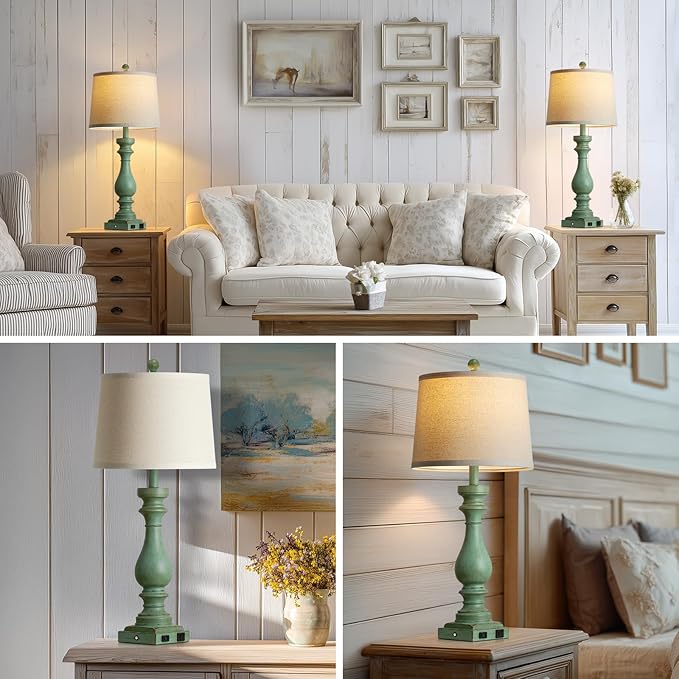 29" Tall Vintage Table Lamps Set of 2,Retro Green Bedside Lamps with USB C+A Ports & AC Outlet,3-Way Dimmable Touch Lamp for Night Stands Living Room Bedroom,Green - Bloomnest