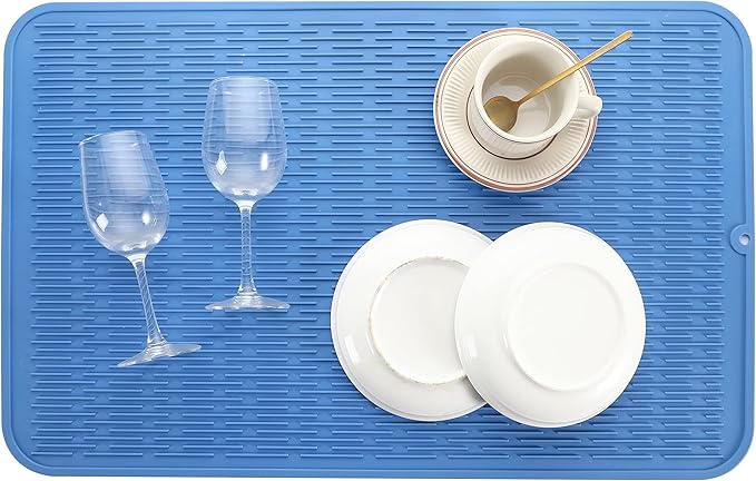 Silicone Dish Drying Mat for Multiple Usage,Easy clean,Eco-friendly,Heat-resistant Silicone Mat for Kitchen Counter or Sink,Refrigerator or Drawer Liner Lichen BlueL 3XL 28 inches x 18 inches - Bloomnest