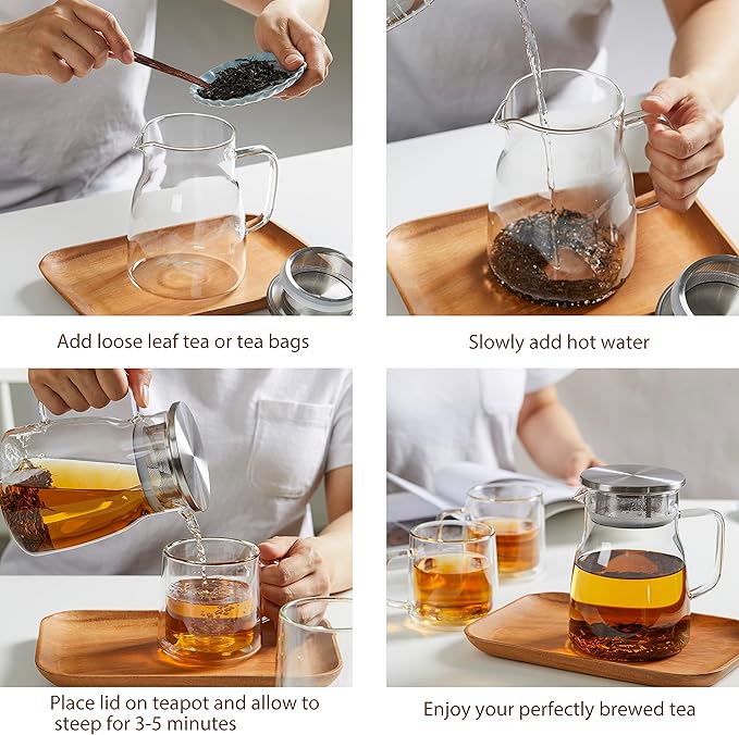 CNGLASS One-Touch Glass Teapot, 27oz(800ml) Glass Tea Kettle with Stainless Steel Filter Lid, Stovetop Safe Loose Leaf Tea Maker - Bloomnest