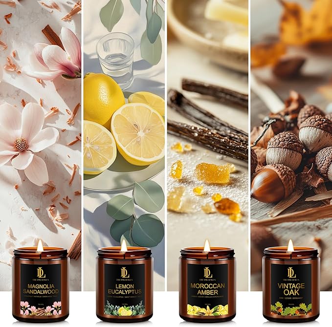 Scented Candle Set, Men Candle Set, Candles for Home Scented Gifts, 4Pack 28oz Soy Candles, Scents of Lemon Eucalyptus/Moroccan Amber/Magnolia & Sandalwood/Vintage Oak - Bloomnest