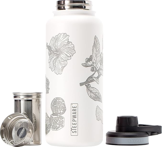 The Tea Spot Himalayan Tea Tumbler - Travel Bottle with Tea Infuser for Loose Leaf Tea or Iced Coffee - 32oz, White-Etched - Double-Walled Insulated Bottle - Keeps Drinks Hot & Cold for Hours - Bloomnest