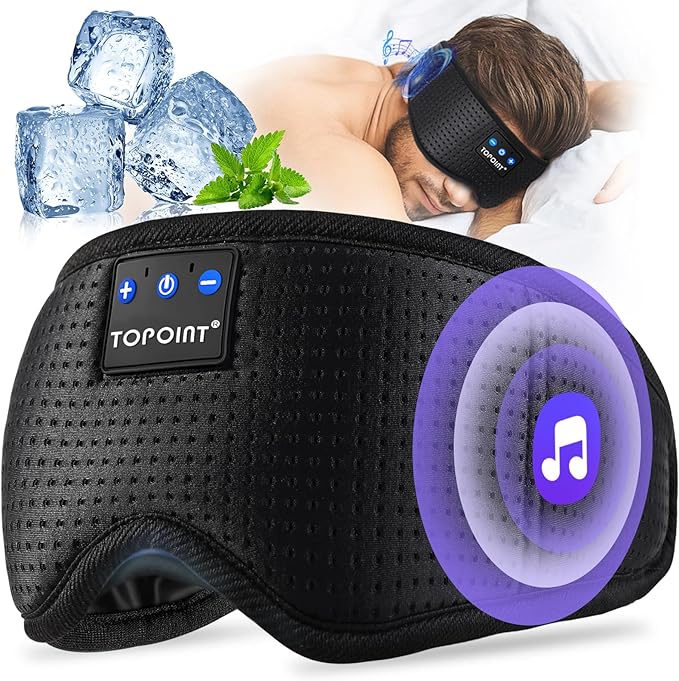 TOPOINT Sleep Mask with Bluetooth Headphones, Breathable Silk Eye Mask for Sleeping Men Women, Bluetooth Sleep Mask Blackout with Speakers, Microphone Handsfree, USB C for Travel Meditation Gifts - Bloomnest