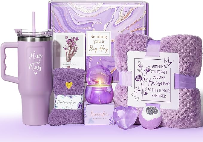 Birthday Gifts for Women Self Care Get Well Soon Gifts, Lavender Relaxing Spa Bath Gift Basket Care Package w/ Flannel Blanket 40 OZ Tumbler, Valentines Day Gift for Her Wife Girlfriend Mom Grandma