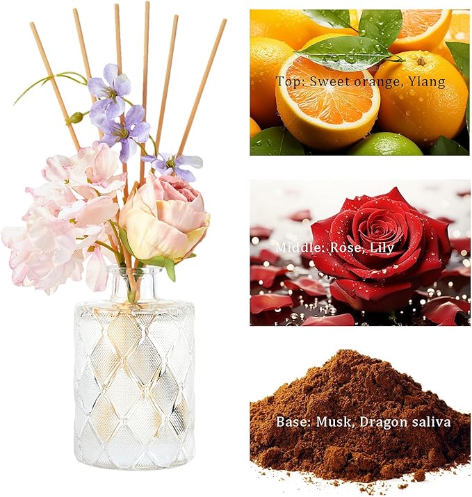 Chloefu Lan Rose Reéd Diffuser Set 6.7oz (200ml) with 9 Sticks, Oud Scent Diffusers for Home, Pink Flowers Reéd Diffuser Sticks, Scentsy Home Fragrance, Scented Oils, Office & Bathroom Décor - Bloomnest