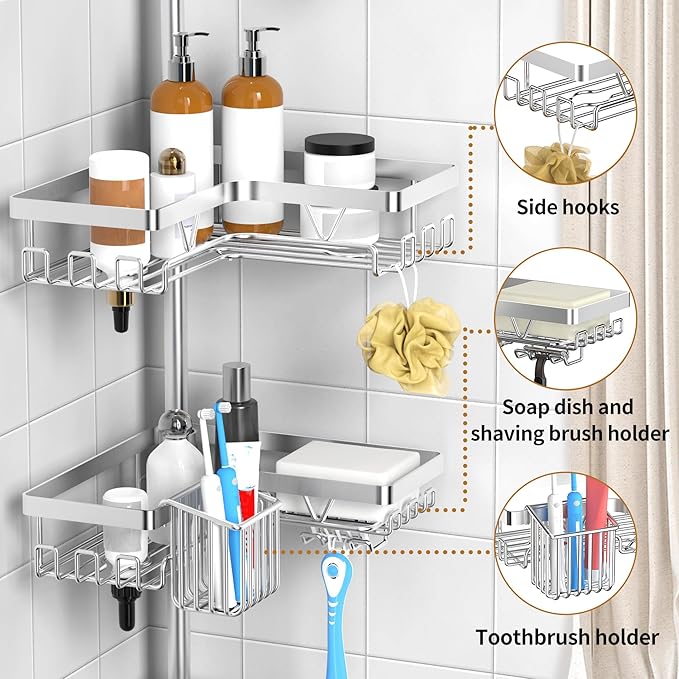 KEGII Shower Caddy Corner Tension Pole - Adjustable Corner Shower Organizer with Tooth Brush Holder, No Drilling Rustproof Bathroom Shelf Storage Rack, Fits 25-114.2 Inch, Silver - Bloomnest