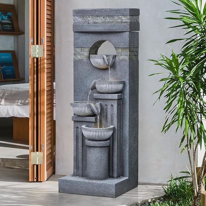 42.52" Outdoor Garden Water Fountain with Lights Floor-Standing 4 Tiers Cascading Large Waterfall Fountain for Patio, Backyard, Deck, Porch and Home Art Decor