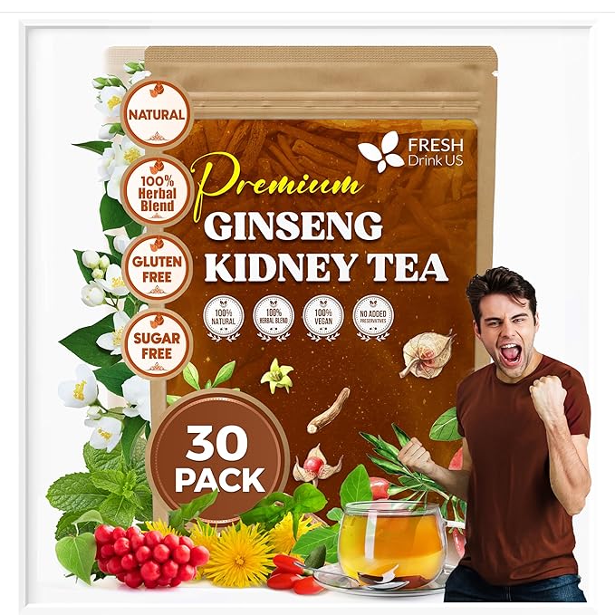 FreshDrinkUS, Ginseng 6 Treasures Kidney Tea, 30 Packs Of Super Kidney Cleanse Detox Tea For Men & Women, 100% Natural Roots & Berries | Caffeine-Free | Adaptogenic Blend for Energy, Wellness & Vitality Support - Bloomnest