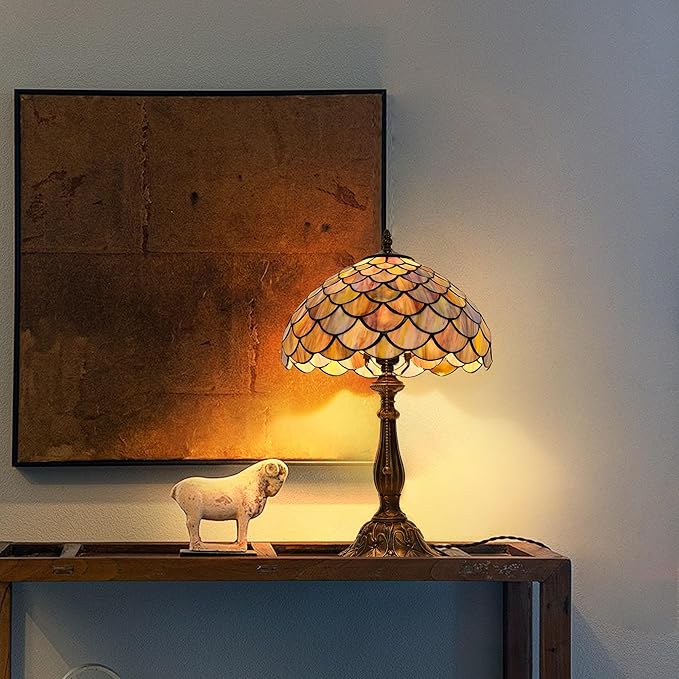 Tiffany Style Table Lamp Vintage Stained Glass Desk Lamp Mable Gradient Green Fish Scales Bedside Reading Light Decor Bedroom Living Room Home Office D12 xH18 (Green Fish Scales) - Bloomnest