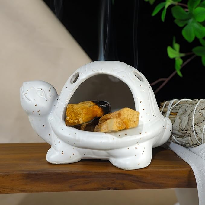 Handcrafted White Ceramic Turtle Palo Santo Holder, Sage, Cone Incense and Copal Burner Holder | Ideal for Meditation, Yoga, Aromatherapy & Altar Spaces | Zen-Inspired Home Decor Gift MOUGIGI