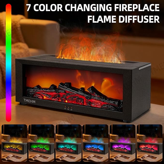 Fireplace Flame Air Diffuser Humidifier,7 Colors Aromatherapy Essential Oil Diffuser,Ultrasonic Aroma Humidifier with Timer for Home,Bedroom,Office,Yoga (Black, L) - Bloomnest