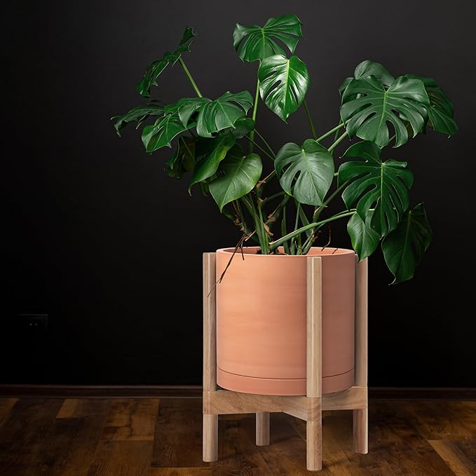 D'vine Dev Terracotta Planter with Natural Stand - 12 Inch Modern Round Flower Pot with Wood Planter Holder, Terracotta, 55-B-J-5 - Bloomnest