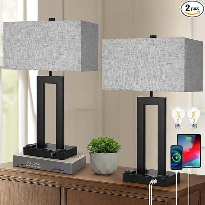 Modern Table Lamps Set of 2-22" Tall Bedside Lamps with USB-C/USB-A Charge Ports & Outlet, Stepless Dimmable Fabric Gray Shade Nightstand Lamps for Bedroom & Living Room - Bloomnest