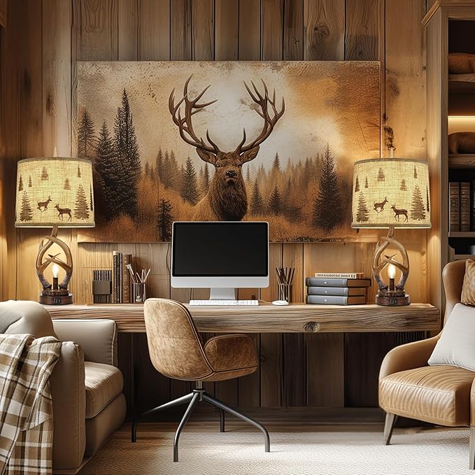 Scenekoy Rustic Farmhouse Antlers Table Lamp Set of 2 with Nightlight Dual USB Ports Linen Fabric Round Shade Bedside Lamp Decor for Living Room Bedroom Office House - Bloomnest
