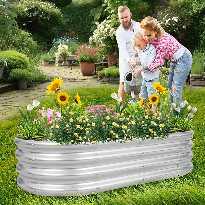 1MORE Galvanized Raised Garden Bed- Planter Garden Boxes Outdoor, Raised Beds for Gardening, 4x2x1ft Metal Garden Bed Kit for Vegetables Flower, Planter Raised Bed with Protective Tape & Tools.Silver - Bloomnest